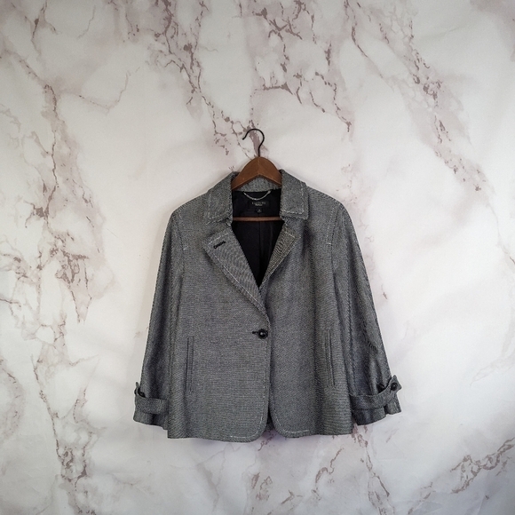 Talbots Blazer 12 Large Tweed Black White One Button Cuffed Cotton Crop Pleated - Picture 1 of 13